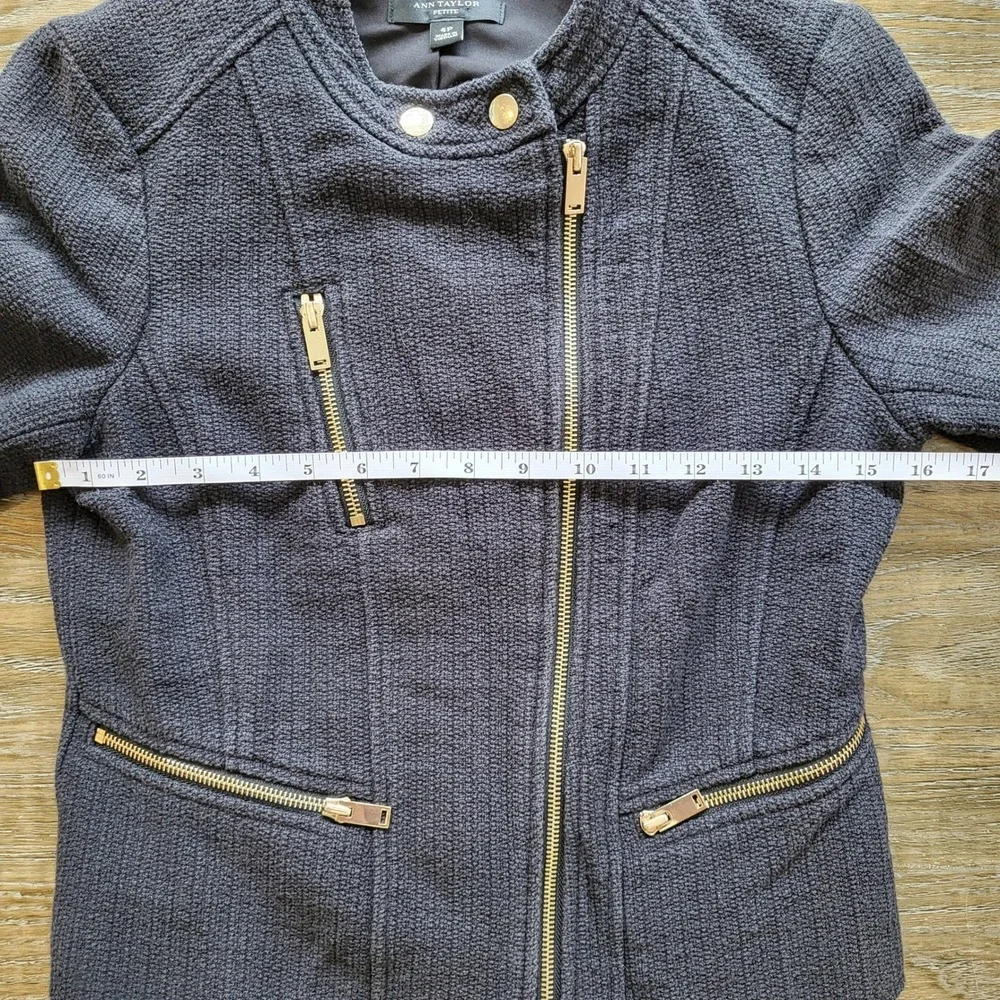 Ann Taylor Petite Moto Jacket Textured Tweed Gold Zip Charcoal Black 4P